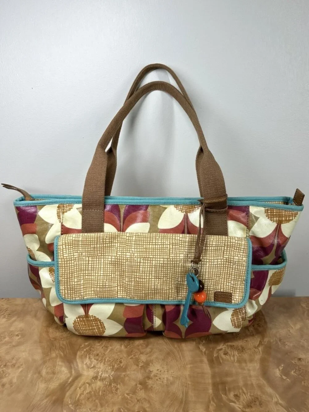 Fossil Key-Per Floral Coated Canvas Diaper Bag Large Tote Retro Y2K